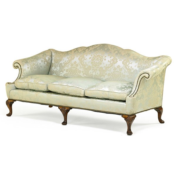 GEORGIAN II STYLE SETTEE: Mahogany frame with silk damask loose cushion on carved Queen Anne feet, early 20th c.; 35 1/2" x 81" x 35 1/2"