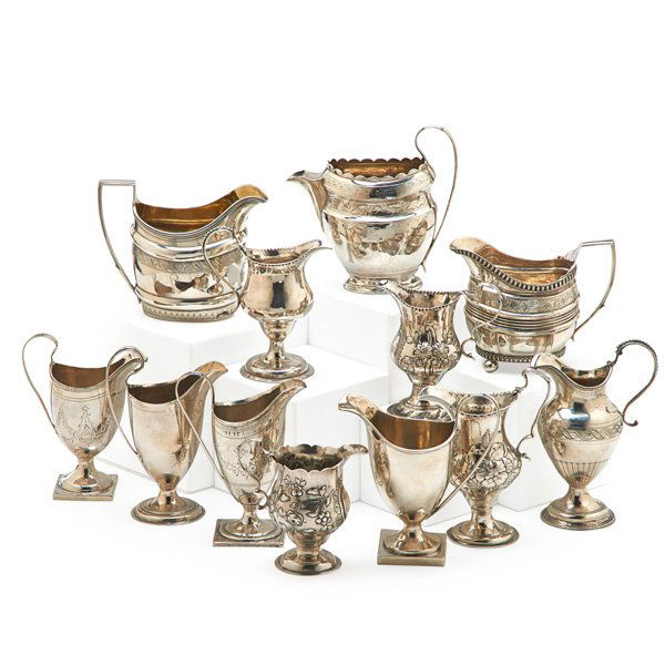 ENGLISH STERLING MILK AND CREAM SERVERS: Twelve, ca. 1765-1835; Makers include: Robert Hennell, Hester Bateman, John Lautier, Thomas Shepard, etc.; 52.2 OT, tallest: 5 3/4"