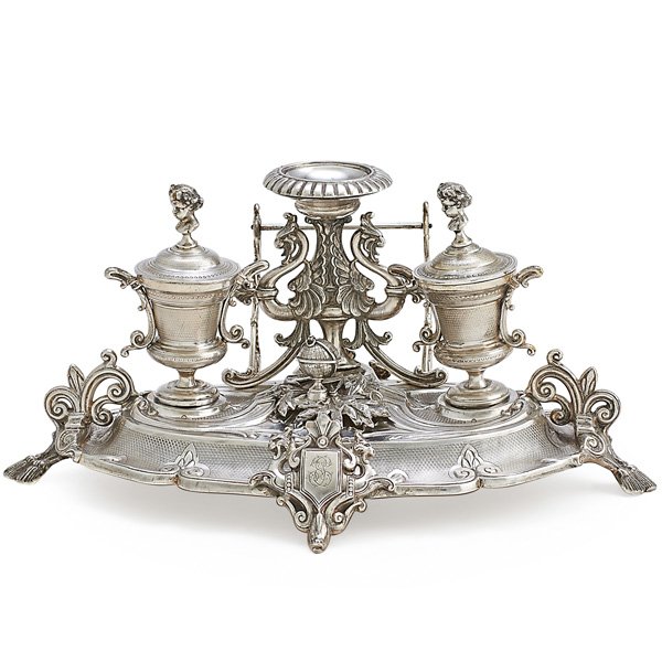 NAPOLEON III 950 SILVER DESK STANDISH: With griffin and globe ornament and cherub finials, Paris, 1858-1866; 35.7 OT, 15"