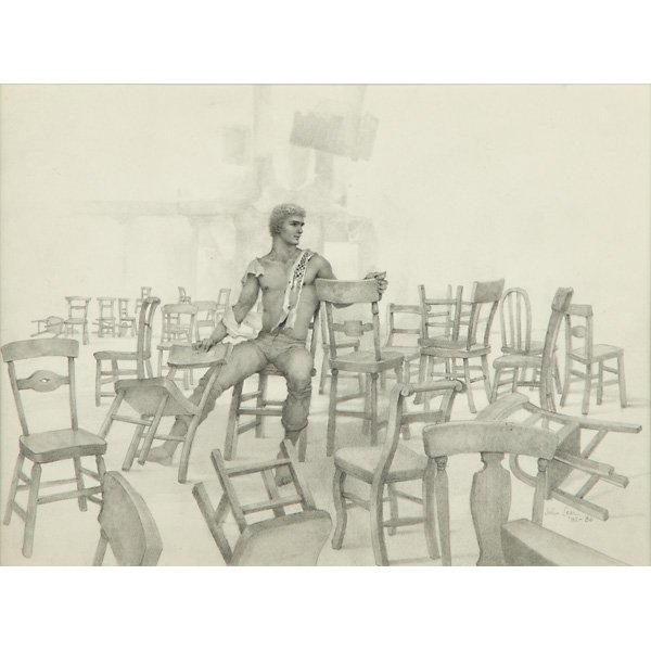 JOHN B. LEAR (American, 1910-2008): Graphite on paper of a male figure surrounded by chairs, 1982-1986 (framed); Signed and dated; 11 3/4" x 15 3/4" (sight)