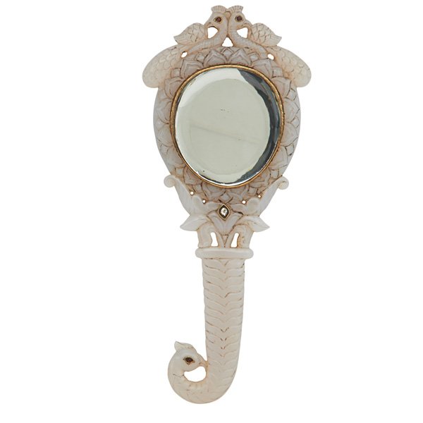 MUGHAL STYLE CARVED MIRROR: Gem and paste set white jade with peacock motif, 20th c.; 8 1/4" x 3 1/2"