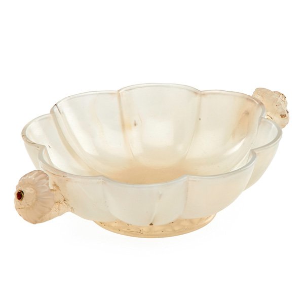 MUGHAL STYLE WHITE JADE BOWL: Lobed with floral handles, set with foil back pastes, 20th c.; 1 3/4" x 7 1/4" x 5 1/4"