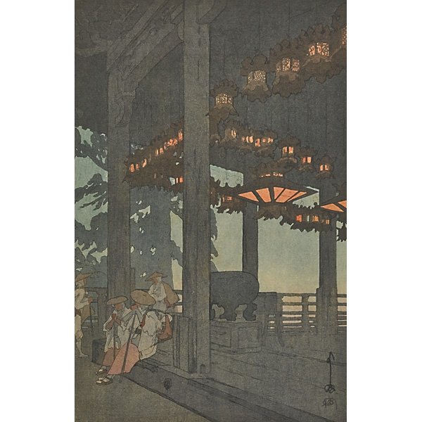 HIROSHI YOSHIDA (Japanese, 1876-1950): Two woodblock prints: "Nigastsudo Temple" (framed)and "Kinoe" (unframed); Signed; 16 1/8" x 10 3/4"
