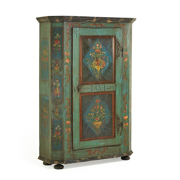 SCANDINAVIAN PAINTED ARMOIRE: Single cupboard paneled door painted with floral bouquets; Date 1854 to front; 73 1/4" x 50 1/2" x 19 1/2"