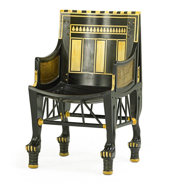 "KING TUT" ARMCHAIR: Painted and part ebonized frame with brass panels, late 20th c.; 36 1/2" x 21" x 19 1/2"