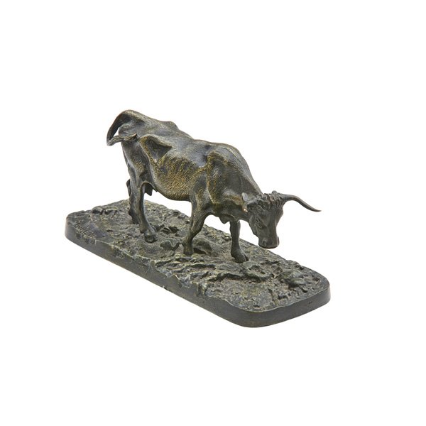 ROSA BONHEUR (French, 1822-1899): Bronze sculpture of a longhorn cow; Signed; 3" x 6" x 2 1/2"