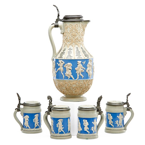 VILLEROY & BOCH / METTLACH STONEWARE DRINKING SET: Four miniature steins and a pitcher with figural cameo relief decoration, early 20th c.; All stamped 171; Pitcher: 14 1/2"