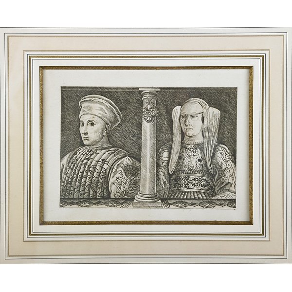 ANDREA MANTEGNA (Italian, ca.1431-1506): Engraving on paper, "Portrait de Louis de Gonzagne et sa Femme Barbara" (framed); 5 1/2" x 7 1/2" (sight); Provenance: Collection of Nelson A. Rockefeller; Mr. Monroe Wheeler, New Jersey; Private Coll