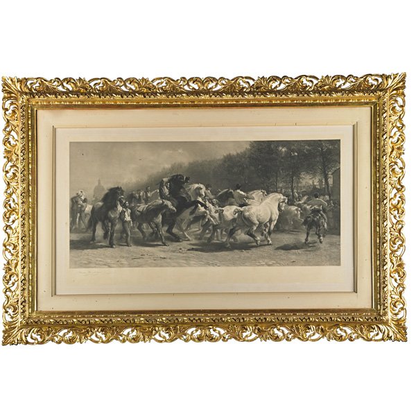 ROSA BONHEUR (French, 1822-1899): Etching on paper of men and horses, 1857 (elaborate gilded frame); Signed ; 26" x 46" (sight)