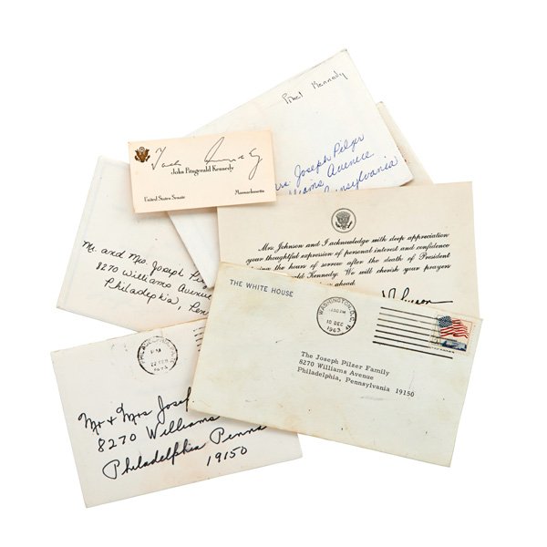 JOHN F. KENNEDY AUTOGRAPH, ETC.: Six items include Jack Kennedy autograph on Massachusetts Senate card, Lyndon B. Johnson memorial card, JFK memorial card, etc.; Senate card: 1 3/4" x 2 1/2"