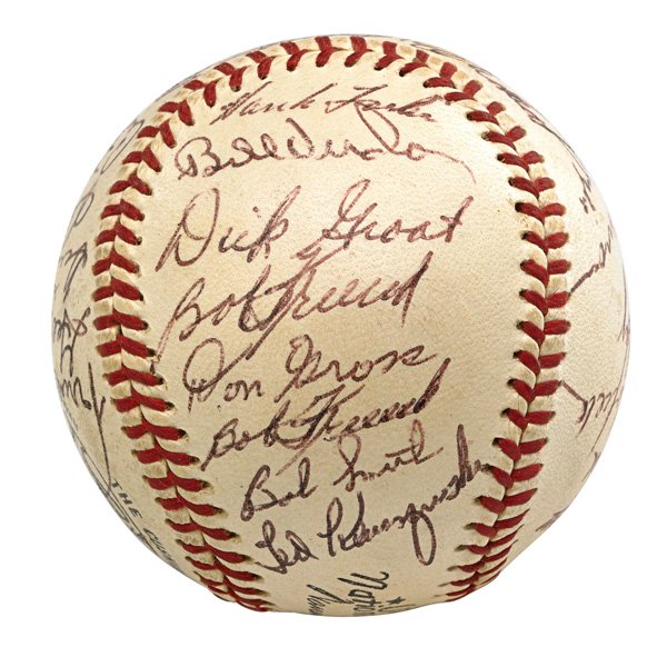 1958 PITTSBURGH PIRATES AUTOGRAPHED BASEBALL: Signed by thirty-four players including Roberto Clemente, Bill Mazeroski and Ted Kluszewski; D. Murtagh ghost signed; James Spence Authenticity