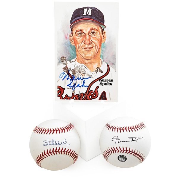 WILLIE MAYS, STAN MUSIAL AND WARREN SPAHN AUTOGRAPHS: Baseballs signed by Mays and Musial and a postcard signed by Spahn