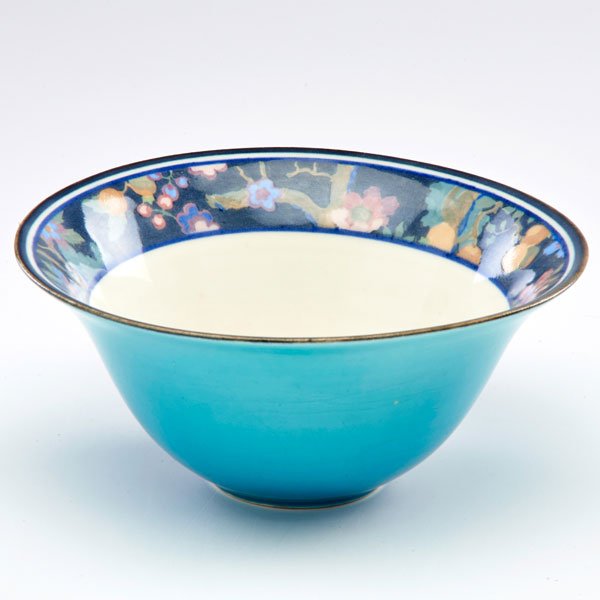 ARTHUR CONANT; ROOKWOOD: Ivory/Ivory Jewel Porcelain bowl with stylized band of flowers, Cincinnati, OH, 1919; Flame mark/XIX/2287/artist's cipher; 3 3/4" x 8" dia.