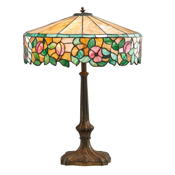 ARTS AND CRAFTS: Table lamp with leaded slag glass shade, early 20th c.; Patinated white metal; Unmarked; 23 1/2" x 18" dia.