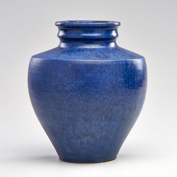 PEWABIC: Vase in deep blue glaze, Detroit, MI; Circular PEWABIC DETROIT stamp; 9 3/4" x 7 1/4" dia.