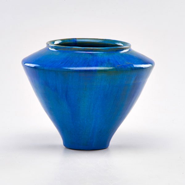 PEWABIC: Vase in lustre blue and ochre glazes, Detroit, MI; Stamped; 5 1/2" x 6 1/2" dia.