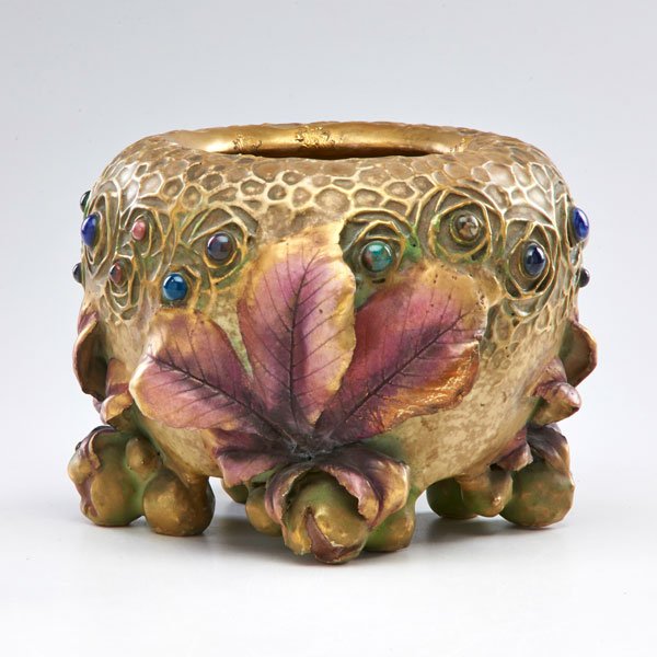 RIESSNER & KESSEL; AMPHORA: Gres-Bijou vase decorated with chestnuts and cabochons, Turn-Teplitz, Bohemia, 1900-06; Marked; 6 1/4" x 8" dia.