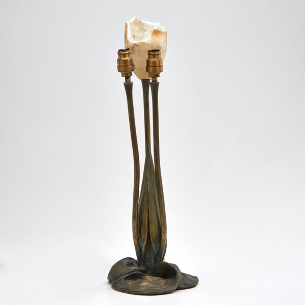 ALBERT CHEURET (1884-1966): Trois Tulipes table lamp base, France, early 20th c.; Bronze and remnants of one alabaster shade; Signed; 14 3/4" x 5" dia.