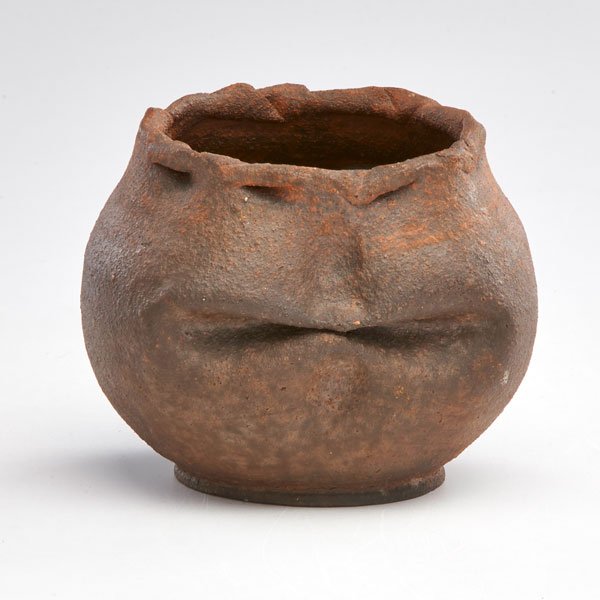 GEORGE OHR: Scroddled vessel with pinched body and crimped rim, Biloxi, MS, 1888-1910; Signed Biloxi; 3 1/4" x 3 3/4" dia.