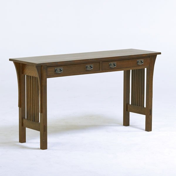 STICKLEY BY EJ AUDI: Contemporary Gustav Stickley style spindled console table with two drawers , 1990s; Quartersawn oak, patinated steel hardware; Branded mark, metal tag; 28 1/2" x 54" x 16"