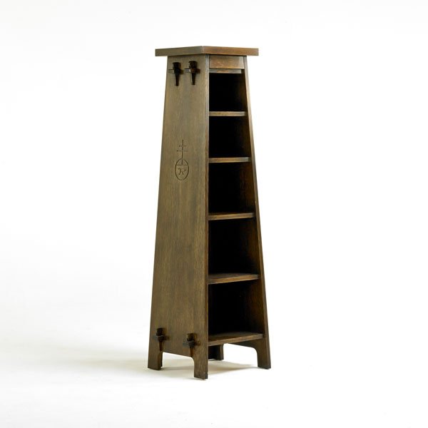 STICKLEY BY EJ AUDI: Contemporary Roycroft style magazine stand, Manlius, NY, ca. 1990s; Quartersawn oak; Branded, metal tag; 63 1/2" x 20" x 18"