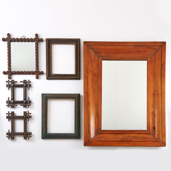 TRAMP ART: Four picture frames of various size, together with two ogee mirrors, first quarter 20th c.; Painted wood, mirrored glass; All unmarked; Largest: 29 18" x 21 1/2"