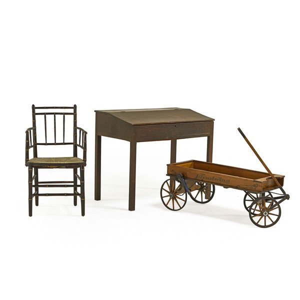 AMERICAN COUNTRY FURNISHINGS: Three items, 19th c.: schoolmaster's desk, Sheraton open armchair and child's wagon; Desk: 32 3/4" x 38 1/2" x 22"