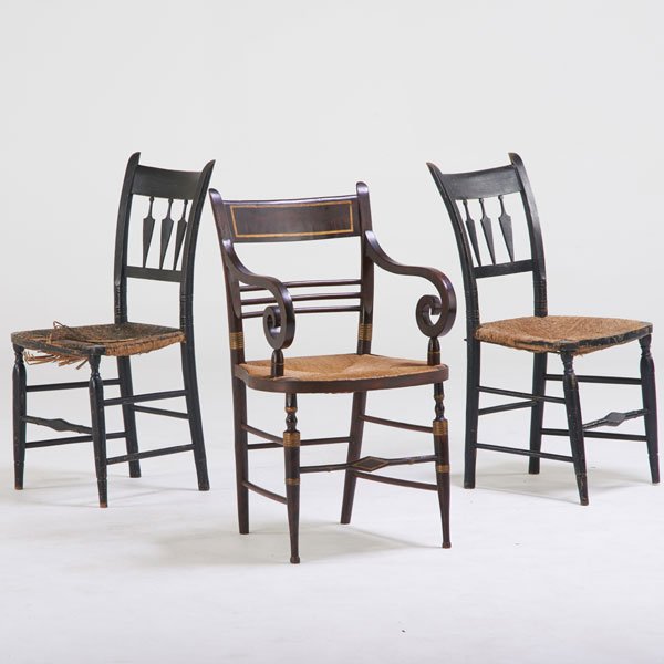CHAIR GROUP: Federal-style grain-painted armchair, together with two arrow-back side chairs; 20th c.; Painted wood, rush seats; Unmarked; Armchair: 34 1/2" x 21" x 20"