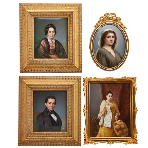 GERMAN PORCELAIN PLAQUES: Four, 19th/20th c: distinguished woman by KPM, "Ruth" and portraits of Henry Gardenith Mender and Betsy Menger by Franz Till, Dresden; Most marked; Largest plaque: 6"