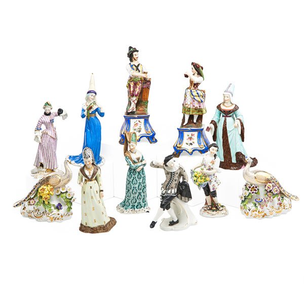 CONTINENTAL PORCELAIN FIGURES: Eleven, late 19th/early 20th c.: six court figures, pair of gypsies, lemon seller and pair of pheasants; Most marked; Tallest: 10"