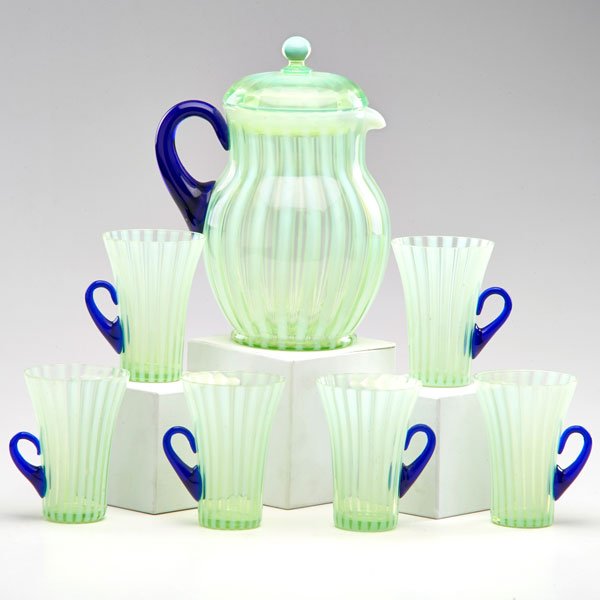 FRY ART GLASS: Lemonade set comprised of lidded pitcher and six handled cups, Rochester, PA, 20th c.; All unmarked; Pitcher: 11"