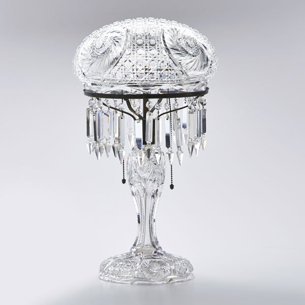 TRADITIONAL LIGHTING: Cut-glass table lamp with dome shade and patinated metal fittings, two sockets; 20th c.; Unmarked; 20 1/2" x 11" dia.
