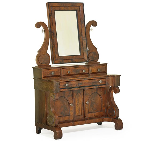 AMERICAN EMPIRE DRESSING TABLE: Mahogany with rectangular mirror, four drawers over two doors, ca. 1840; 65" x 41" x 20"