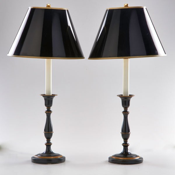 DECORATIVE LIGHTING: Pair of tole decorated candlestick lamps, 20th c.; Painted metal; Unmarked; To finial: 24 1/2" x 5 1/4" dia.