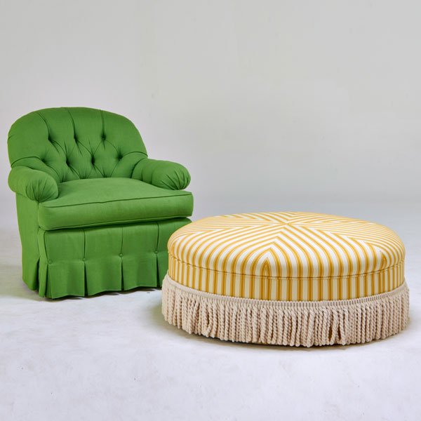 EDWARD FERRELL LTD.: Club chair and poof, NC, 1990s; Upholstery and fringe; Both marked; Chair: 34" x 36" x 39", ottoman: 16" x 42" dia.