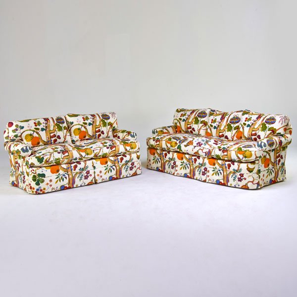 EDWARD FERRELL LTD.: Sofa and loveseat, both upholstered in Josef Frank fabric, NC, 1990s; Both with upholstery labels; Sofa: 34" x 84" x 38"