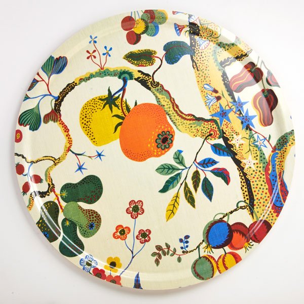 JOSEF FRANK; SVENSKT TENN AB: Large round tray, Sweden, 1976; Plywood and printed laminate; Marked and dated; 1" x 25 1/2" dia.
