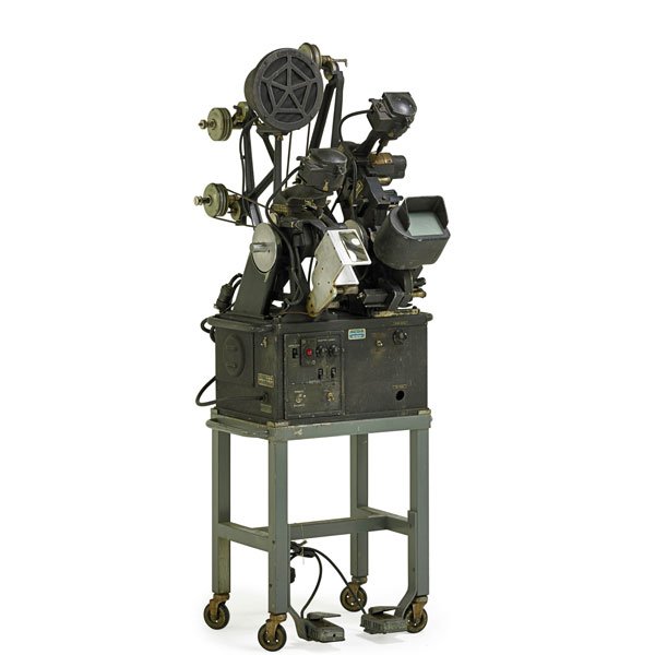 MOVIOLA FILM EDITING MACHINE: Set on base with casters, early 20th c.; Machine: 62" x 28" x 23"