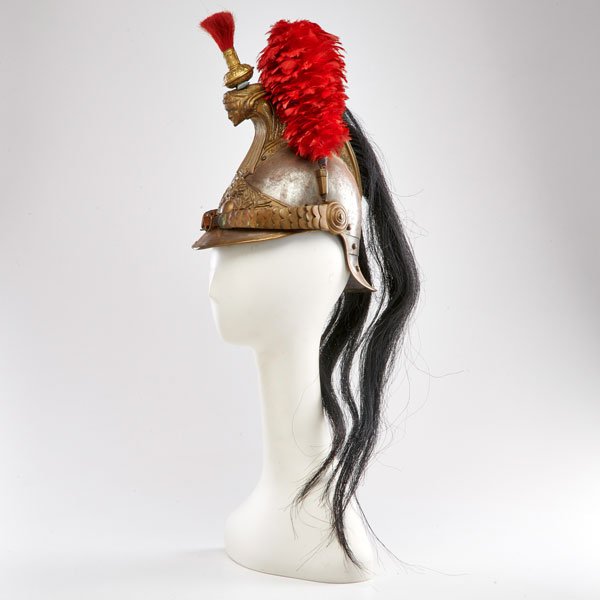 ALEXIS GODILLOT: Curassier's helmet, France, 19th c.; Brass, steel, leather, horse hair, feathers; Impressed mark; 12 3/4" x 7 1/2" x 10 1/2"