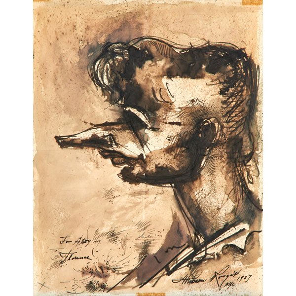 THEODORE J. ROSZAK (American, 1907-1981): Three ink drawings: portrait and pair of studies, all signed and dated 1959; Together with two gelatin silver prints of artist works, one signed and dated 1956 (one framed); Largest: 15 7/8" x 10 7/8"