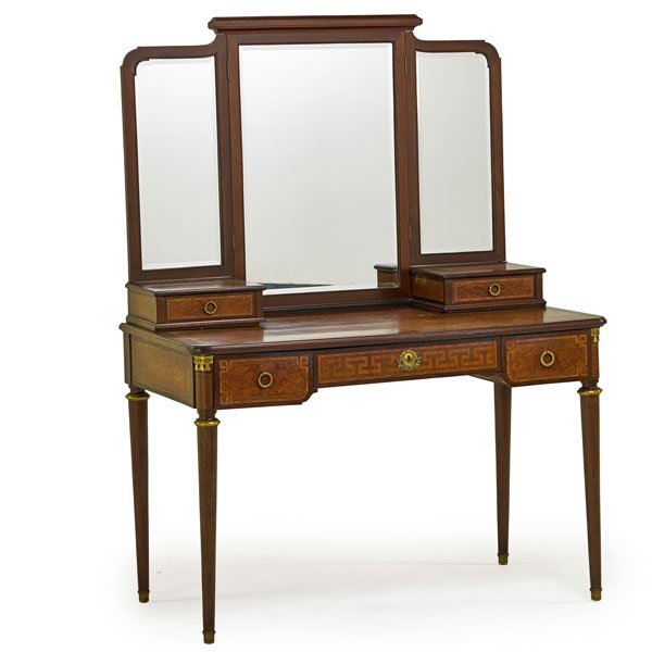 LOUIS XVI-STYLE DRESSING TABLE: Birdseye maple and mahogany with tulipwood banding, the tri-fold mirrored back above three drawers, tapered legs, ca. 1900; 62" x 45 1/2" x 24 1/2"