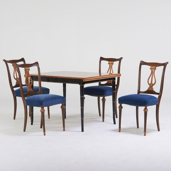 BIEDERMEYER STYLE: Four lyre-back chairs and dining table, 20th c.; Birch, ebonized and gilt wood, oak, velvet upholstery; All unmarked; Table: 29 1/2" x 45" x 33" Chair: 37" x 17" x 21"