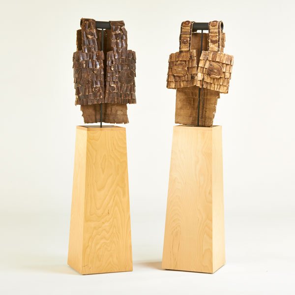 INDONESIAN: Two pieces of Toraja armor on wooden pedestals; Bone, burlap; Unmarked; With stand: 74 1/2" x 21 1/4"
