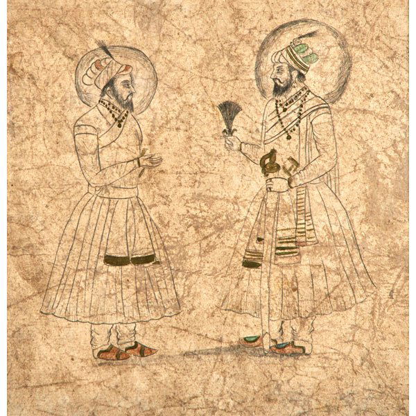 MOGHUL PAINTING, 18th C.: Pen and ink with watercolor on decorative paper (framed); 7 1/2" x 7 1/2" (sheet)
