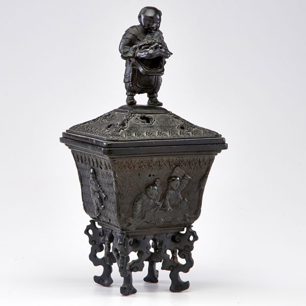 CHINESE BRONZE INCENSE BURNER: Archaic style with images of kite makers/flyers,19th c.; Unmarked; 15" x 7" x 7"