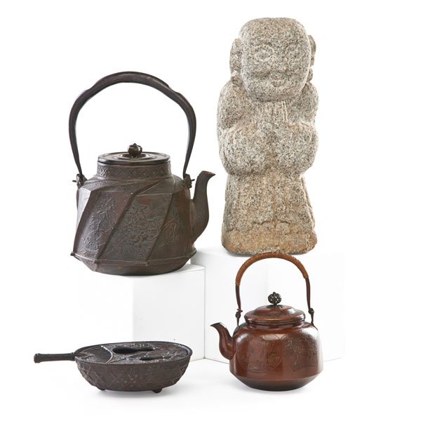 ASIAN METAL AND SCULPTURE: Four items, 20th c.: archaic style incense burner, mixed metal teapot, cast iron teapot and stone Buddha sculpture; Sculpture: 12 1/2" x 5" x 5"