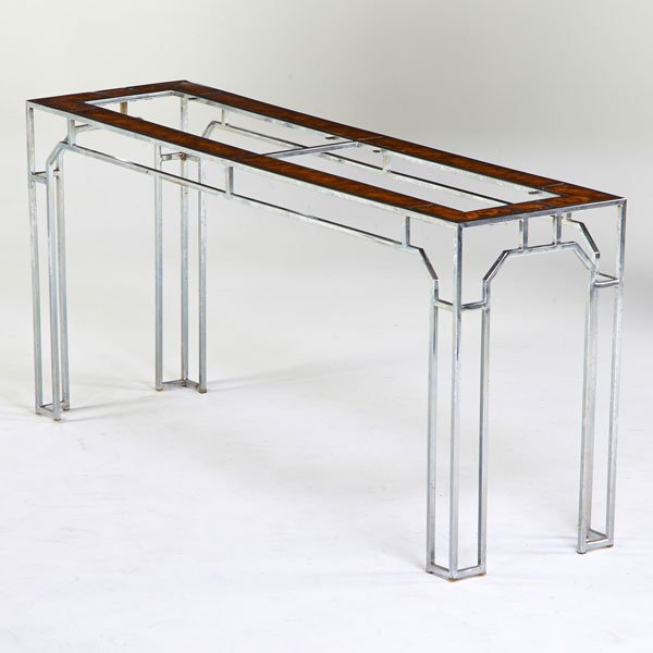 MILO BAUGHMAN; THAYER COGGIN: Console table, High Point, NC, 1970s; Chromed steel, burlwood; Unmarked; 27" x 58 1/2" x 16"