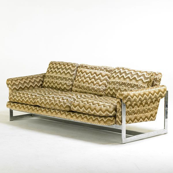 MILO BAUGHMAN; THAYER COGGIN: Sofa, Highpoint, NC, 1970s; Chromed steel, upholstery; Manufacturer label; 28 1/2" x 82" x 36"