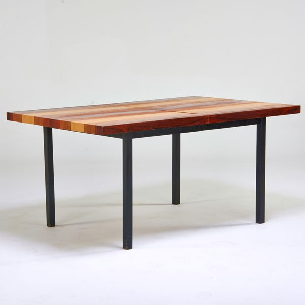 MILO BAUGHMAN: Extension dining table, USA, 1970s; Oak, mahogany, rosewood, ebonized wood; Unmarked; 29 1/2" x 62" x 39", two 15 1/2" leaves
