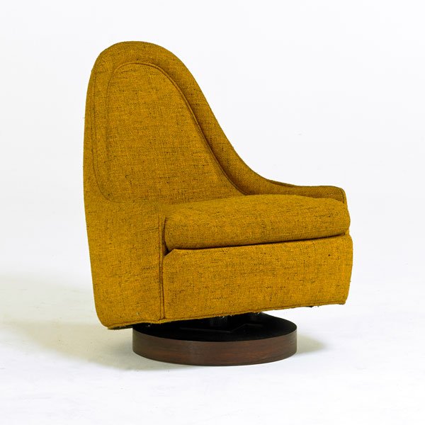 MILO BAUGHMAN; THAYER COGGIN: Petite child tilt, swivel lounge chair; High Point, NC, 1950s; Rosewood, upholstery; Upholstery label; 27 1/2" x 22 1/2" x 26"